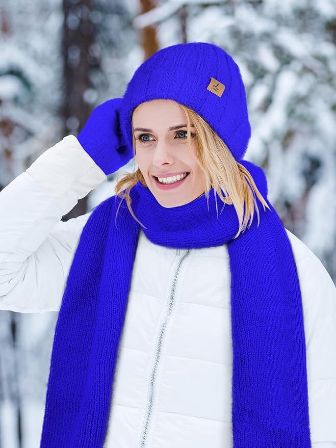 Winter Beanie Hat Scarf Gloves, Warm Fleece Knit Hat Long Scarf Neck Warmer Touch Screen Winter Gloves Set Gifts for Women