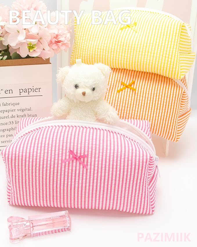 PAZIMIIK Cozy Makeup Bag Small Aesthetic Travel Zipper Cosmetic Pouch for Women Make Up Beauty Accessories Brushes, Stripe Hotpink
