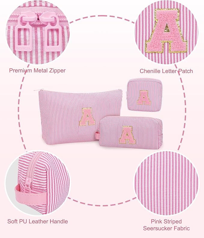 MONSTINA Personalized Initial Makeup Bag for Women,Make Up Case for Girlfriend Bridesmaid Wife,Birthday Gift for Her Cute Toiletry Bag,3PCS,Pink G