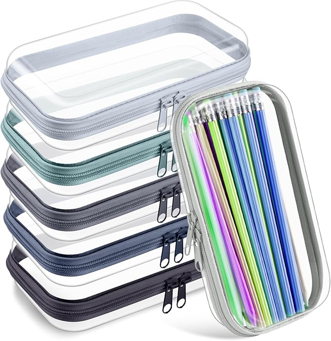 Sanwuta 6 Pcs Clear Hard Zipper Case Hard Plastic Zipper Pouches Makeup Bag Pencil Pouches Transparent Cases for Snacks Plastic Storage Organizer Box for Travel(Blue-green,7.48 x 3.94 x 2 Inch)