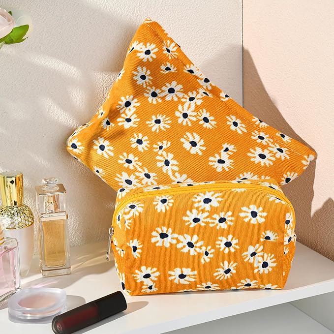 SOIDRAM 2 Pieces Flower Makeup Bag Large Cosmetic Bag Capacity Canvas Mix Travel Toiletry Bag Organizer Cute Makeup Brushes Aesthetic Accessories Storage Bag for Women,Little Flower Mix Yellow