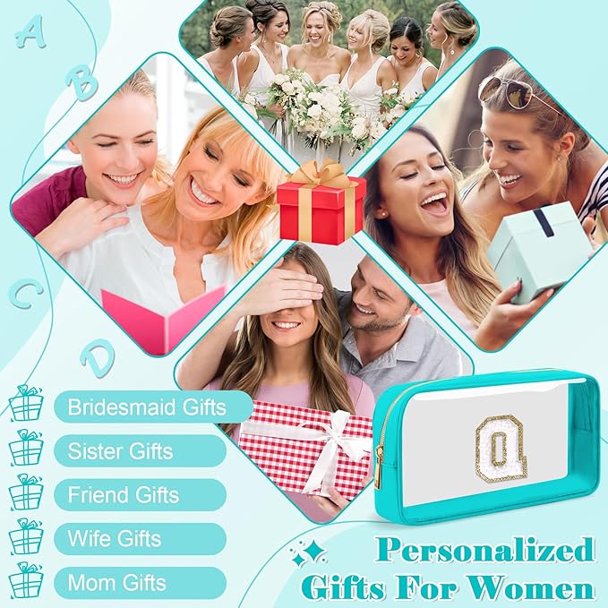 Personalized Initial Letter Clear Makeup Bag,Preppy Small Nylon&PVC Cosmetic Zipper Bag with Chenille Letter,Portable Beach Travel Skincare Toiletry Bag,Trendy Monogram Gift for Teen Girls Women,Q