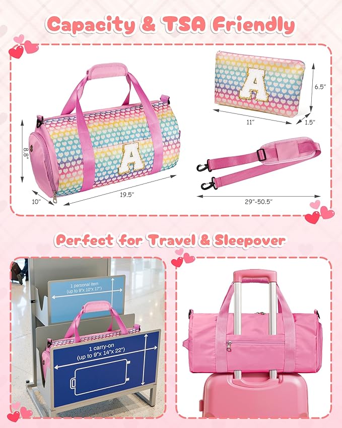 Gift for Grandkids, Girls Travel Duffel Bag, Kids Initial Overnight Bags with Shoe Compartment, Personalized Weekender Bag with Makeup Pouch, Birthday Gift for 7 Year Old Girl (Letter R)