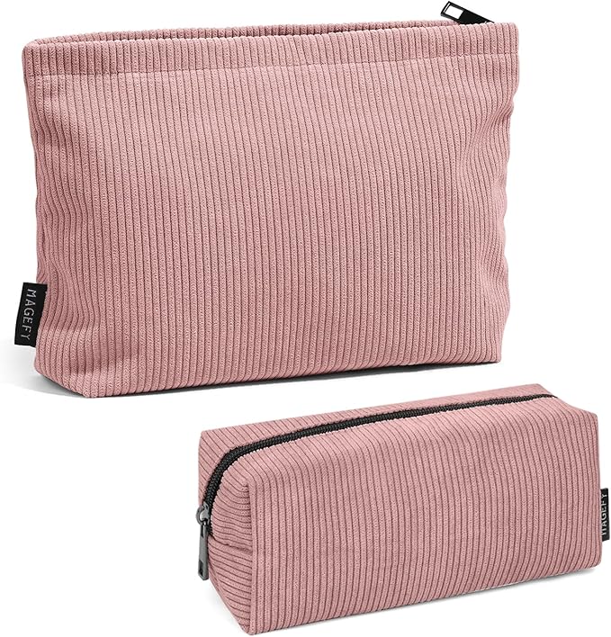 MAGEFY 2 Pcs Makeup Bags for Women, Corduroy Make up Bag for Purse Travel Makeup Bag Small Cosmetic Bags with Zipper Makeup Pouch for Travelling - Dusty Pink
