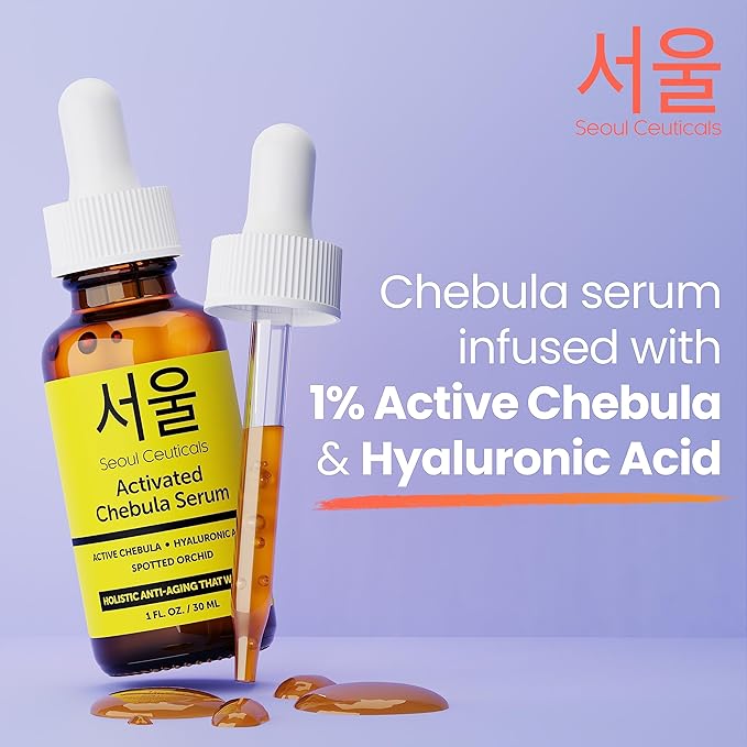 SeoulCeuticals Chebula Active Serum for Face - Korean Skin Care Anti Aging Natural K Beauty Skincare With Hyaluronic Acid + Spotted Orchid for Healthy, Youthful Glowing Skin 1oz