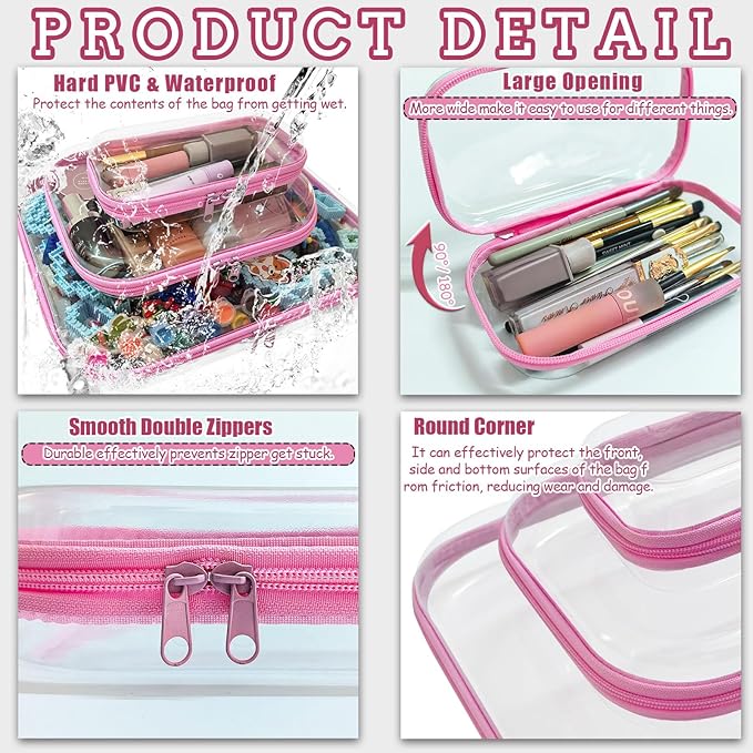 3 Pcs Clear Hard Zipper Case, Hard Shell Plastic Clear Organizer Bag, Transparent Makeup Pouches, Portable Box for Travel Toiletries Storage Bins (Pink, Multi)