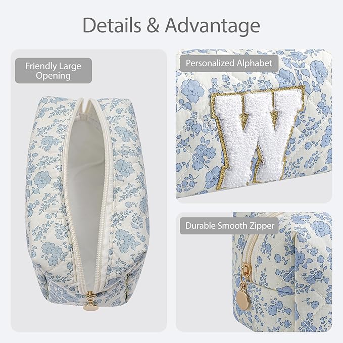 Gleyemor Personalized Initial Makeup Bag for Women, Cute Quilted Blue Floral Cotton Cosmetic Bag, Christmas Gifts for Her Mom Friend Sister Bridesmaid Teacher Women W