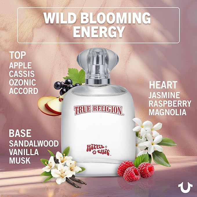 True Religion Hippie Chic Eau De Parfum Spray for Women - Perfume for Women, Fruity Floral Fragrance w/ Jasmine, Sandalwood & Vanilla, EDT, Designer Scent for Her, Long Lasting - 3.4 fl oz (100 mL)