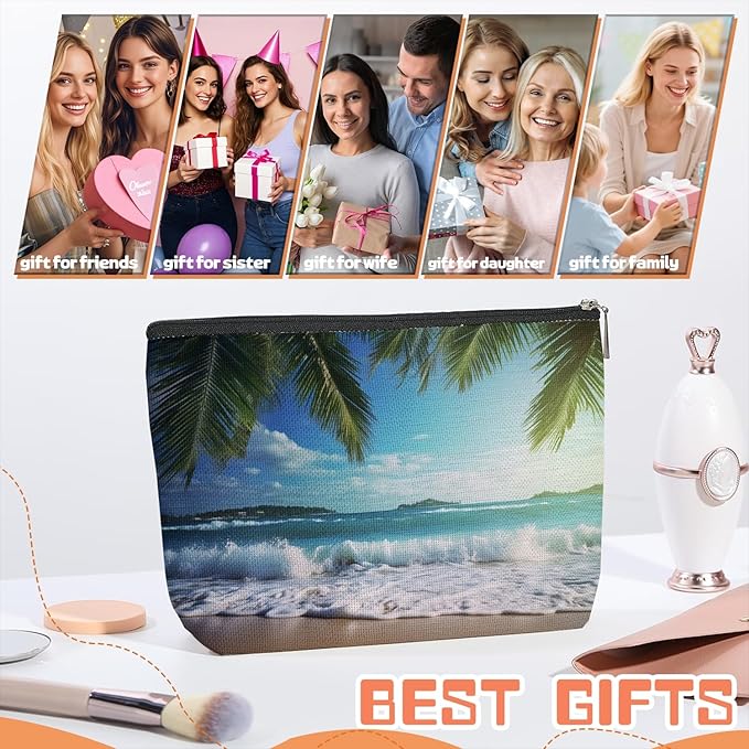 Makeup Bag Travel Cosmetic Bags Small Makeup Case Waterproof Zipper Pouch for Women Girls 7X9inches - Tropical Beach Scenery with Palm Trees