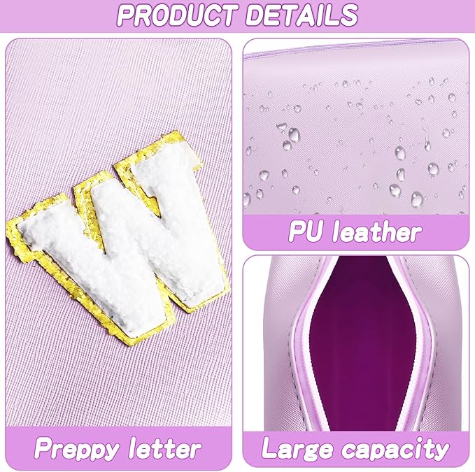 Gifts for Girls Initial Makeup Bag Personalized Cosmetic Bag with Zipper Cute Travel Toiletry Bag Waterproof PU Preppy Makeup Pouch Birthday Gift for Teen Girls Women(Purple W)