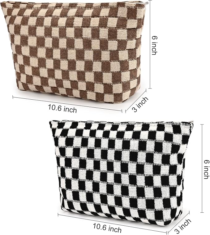 SOIDRAM 2 Pieces Makeup Bag Large Checkered Cosmetic Bag Capacity Canvas Travel Toiletry Bag Organizer Cute Makeup Brushes Aesthetic Accessories Storage Bag for Women, Checkered L Black Brown