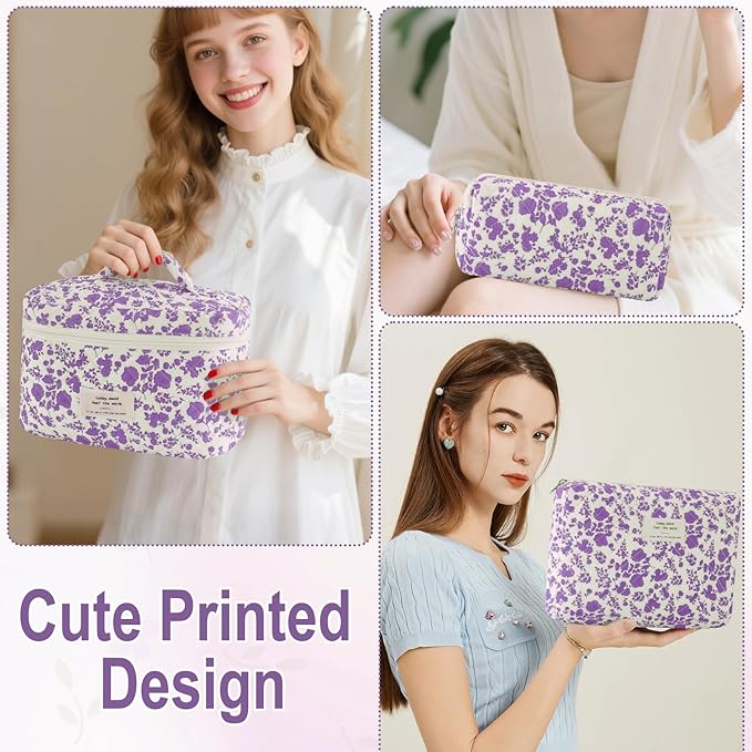 3Pcs Cotton Quilted Makeup Bag for Women Girls Large Small Travel Portable Cosmetic Bag Set Cute Purple Floral Zipper Make Up Pouch Coquette Aesthetic Storage Toiletry Organizer Case