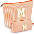 mibasies 2 PCS Initial Makeup Bags: Mothers Day Gifts for Women - Best Friend Birthday Gifts Graduation Gifts Wedding Bridesmaid Girlfriend Wife Daughter Sister Girl Gifts - Orange M