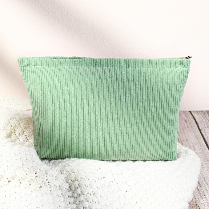 SOIDRAM 2 Pcs Corduroy Makeup Bag Large Cosmetic Bag Toiletry Bag Makeup Pouch Travel Bag Organizer Cute Makeup Brushes Aesthetic Accessories Storage Bag for Women Green