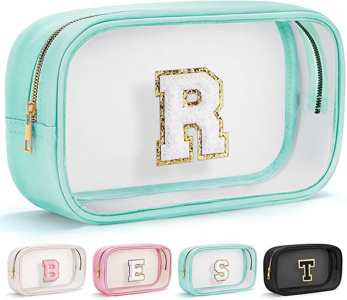 YOOLIFE Initial Make Up Bag Travel Toiletry Bag, Clear Makeup Bag Preppy Cosmetic Bags Organizer Travel Essentials Gifts for Women Teen Girlfriend Teacher Mom Brithday Mothers Day Gifts, Large, Blue