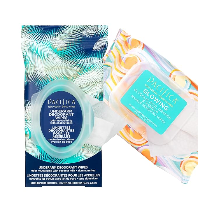 Pacifica Underarm Deodorant Wipes & Makeup Remover Face Wipes Bundle – Aluminum-Free Odor Control & Facial Cleansing Towelettes, 2-Pack (30ct Each, 60 Total) – Vegan, Cruelty-Free Travel Essentials