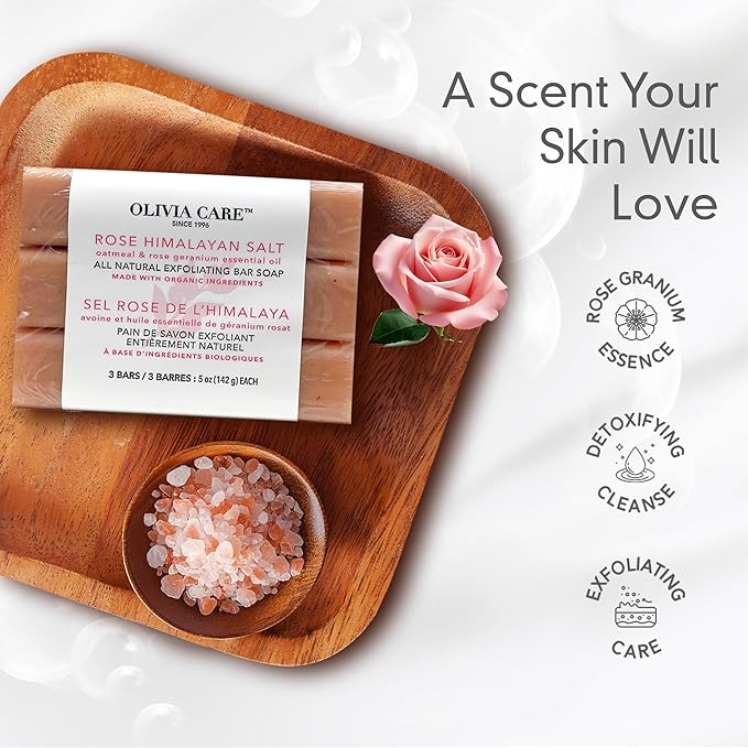 Olivia Care Exfoliating Bar Soap With Rose Himalayan Salt Natural & Organic - Infused w/Oatmeal & Rose Essential Geranium Oil - Moisturize, Detoxify, Hydrate - 3 X 5 OZ