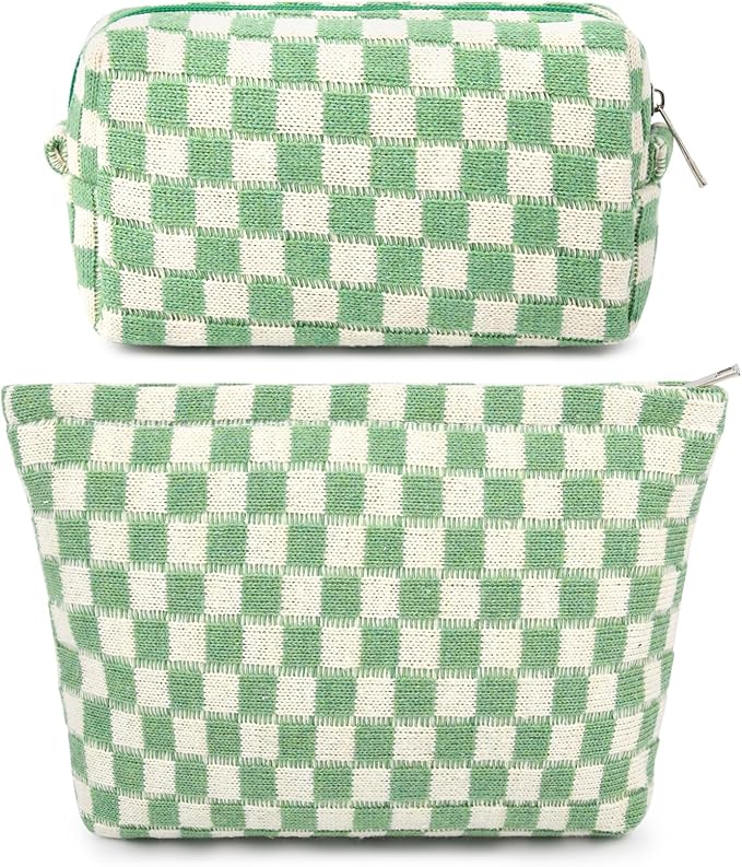 SOIDRAM 2 Pcs Checkered Makeup Bag Large Cosmetic Bag Toiletry Bag Makeup Pouch Travel Bag Organizer Cute Makeup Brushes Aesthetic Accessories Storage Bag for Women Green