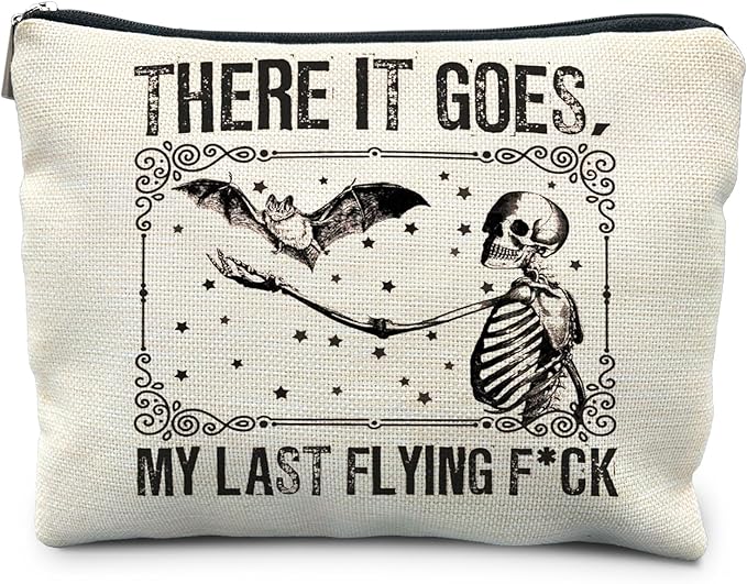 Halloween Makeup Bag, Goth Skeleton & Bat Design, White, Waterproof Linen Cosmetic Bag for Women