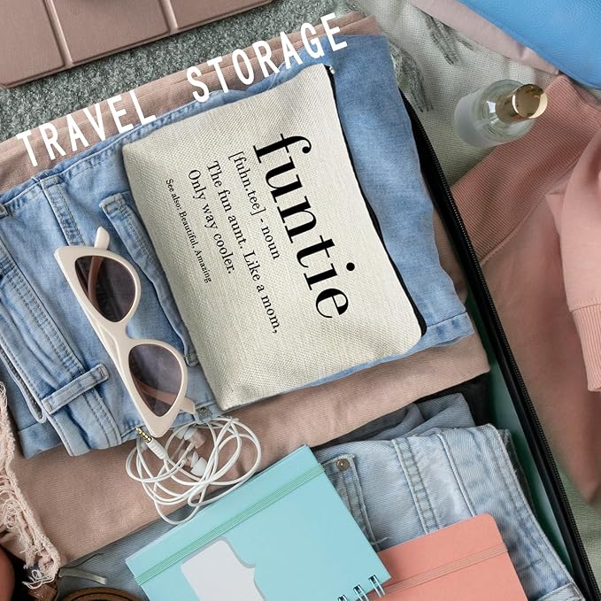 Funtie Funny Aunt Makeup Bag, Funny Auntie Aunt Gifts, Aunt Auntie Gifts from Niece Nephew, Best Auntie Gifts, Funtie Definition Cosmetic Bag Toiletry Bag for Women