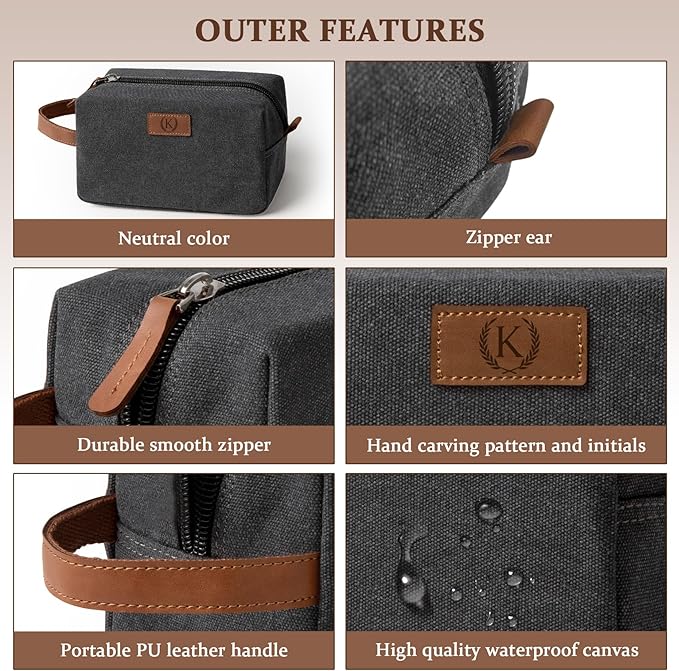 Janhavi Waterproof Personalized Toiletry Bag for Men,Engraved Initials & Wheat Ear, Make Up Bag for Traveling, Men's Accessories Organizer, Groomsmen Gifts for Him, Travel Essentials(Dark Grey K)