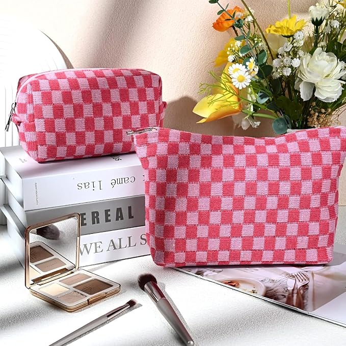 Travel Makeup Bag, Checkered Cosmetic Bag Make Up Organizer Case for Women, Small Toiletry Bag Skincare Pouch for Toiletries Accessories Brushes, 2PCS