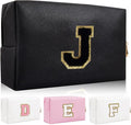 Personalized Initial Letter Patch Makeup Bag, Preppy Portable Chenille Letter Cosmetic Bag with Zipper, PU Leather Waterproof Travel Toiletry Bag Monogram Make Up Pouch for Women Girls