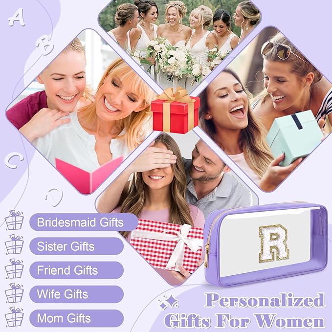 Personalized Initial Letter Clear Makeup Bag,Preppy Small Nylon&PVC Cosmetic Zipper Bag with Chenille Letter,Travel Skincare Toiletry Bag,Monogram Christmas Gift for Teen Girls Women,R