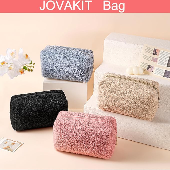 JOVAKIT Travel Makeup Bag Cosmetic Bag for Women, Fashion Christmas Gifts, Plush Zipper Make Up Pouch, Large Capacity Toiletry Organizer Makeup, Portable Storage Bag Trendy Stuff (Pink)