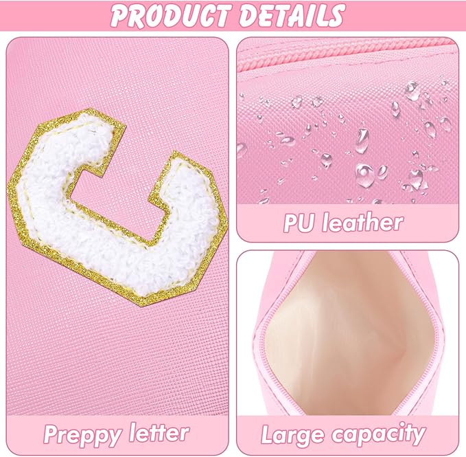 Initial Makeup Bag Personalized Cosmetic Bag with Zipper Cute Travel Toiletry Bag PU Waterproof Makeup Pouch Monogrammed Birthday Gift for Women Preppy Stuff for Teen Girls (Pink C)