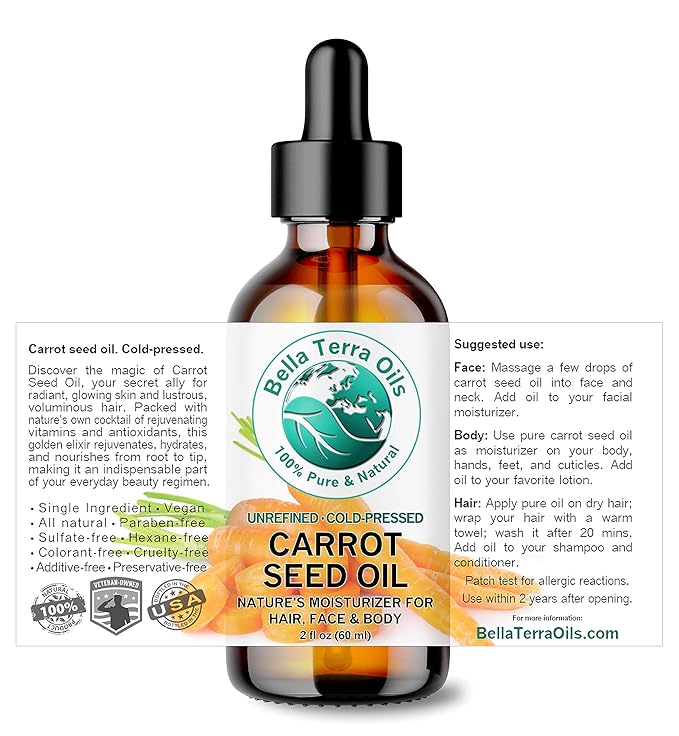 Bella Terra Oils - Organic Carrot Seed Oil 2 oz - Cold-Pressed Elixir, Abundant in Vitamin A & E, Beta-Carotene Richness, Ideal for Nourished Skin Radiance