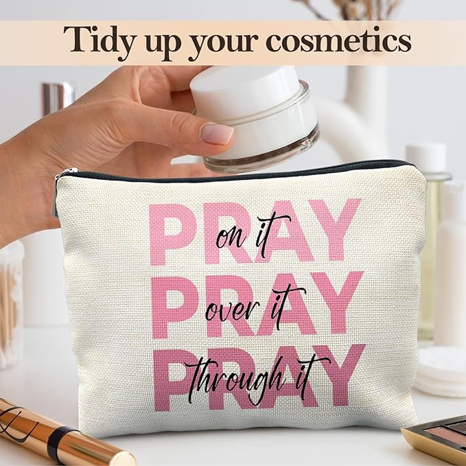 Pink Christian Makeup Bag, Pray On It Pray Over It Bible Verse Cosmetic Bags for Women, Trendy Girly Christian Makeup Pouch, Religious Gifts Zipper Pouch