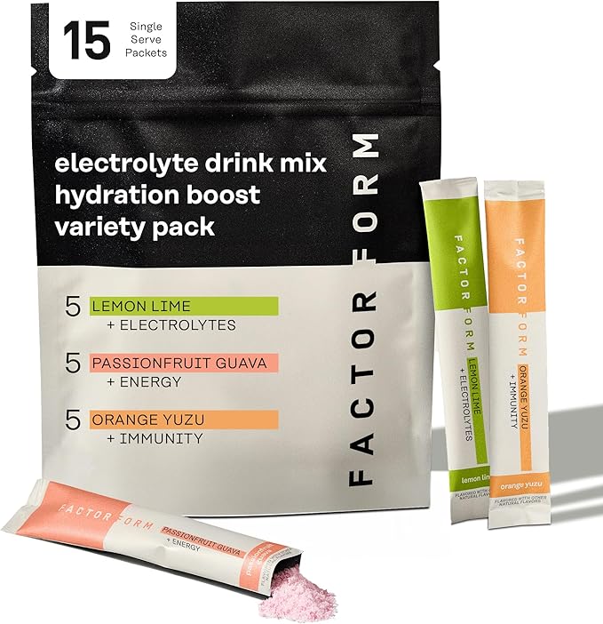 FACTOR FORM Hydration Boost Electrolyte Powder Packets | Sports Drink Mix with Vitamin C, D, B6 & B12 for Energy & Immunity | No Added Sugar | 5 Calories (15 Packets, Variety Pack)