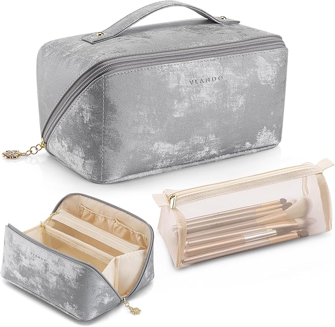 Vlando Makeup Bag,Large Capacity Toiletry Bag for Women Waterproof Portable Make up Pouch PU Leather Open Flat Cosmetic Bag(Silver)