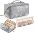 Vlando Makeup Bag,Large Capacity Toiletry Bag for Women Waterproof Portable Make up Pouch PU Leather Open Flat Cosmetic Bag(Silver)