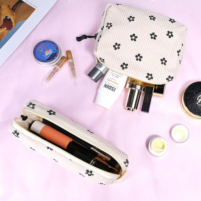 Small Cosmetic Bag set for Women Corduroy Makeup Bag with Interior Pocketes Cute Corduroy Makeup Pouches Women Small Toiletry Bag