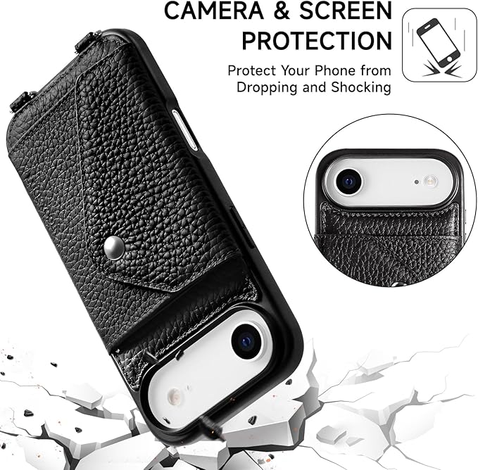 LUCKYCOIN Crossbody Wallet Phone Case for iPhone Air,100% Genuine Leather Wallet Phone Case with Expandable Flip Card Holder,Phone Purse for Women with Adjustable Removable Strap - Pebble Black