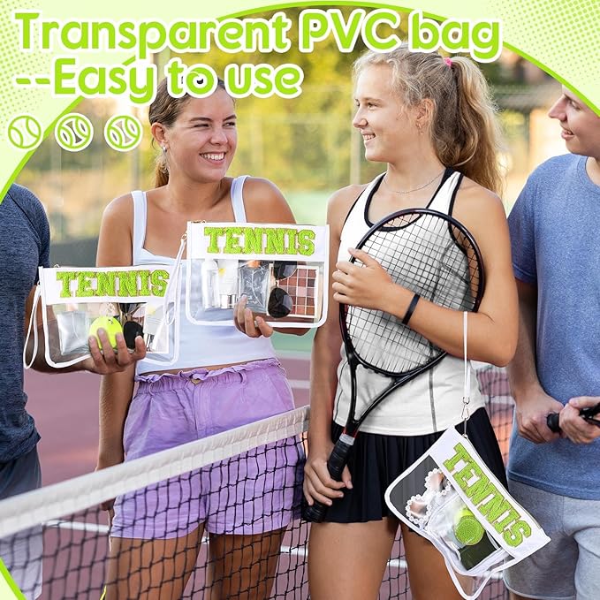 Hillban 2 Pcs Tennis Team Gifts Makeup Cosmetic Bag Clear Zipper Toiletry Pouch for Travel Chenille Letter Flat Purse PVC Waterproof Organizer Storage Case tennis Accessories for Women Sport Coach