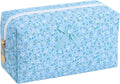Floral Cotton Makeup Brush Cosmetic Bag for Women & Men, Travel Quilted Zipper Pouch, Large Capacity Flowers Toiletry Organizer, Kawaii Makeup Storage Case, Cosmetic Travel Cloth Bag-Blue Floral