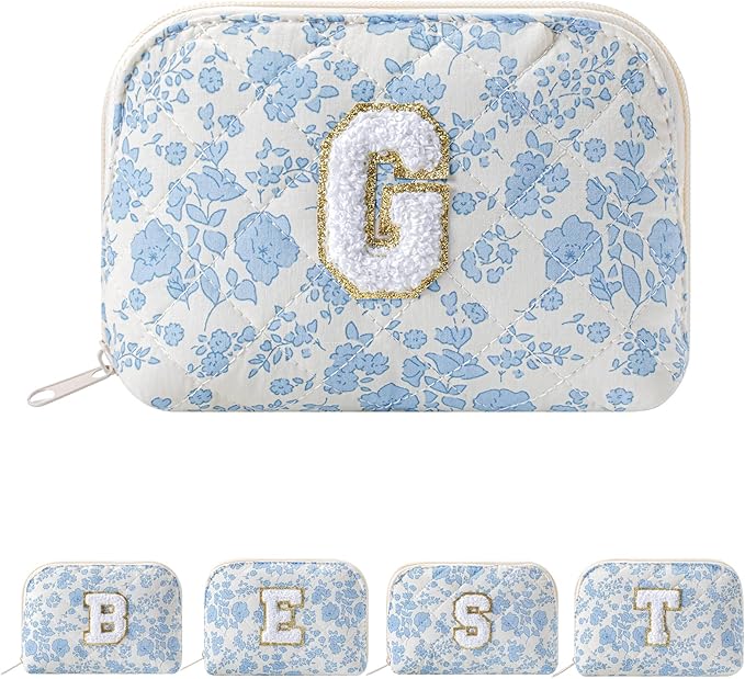 JOVAKIT Conch Alphabet Makeup Bag Cosmetic Bag for Women, Christmas Gifts for Women Girls, Blue Floral Coquette Travel Bag, Zipper Make Up Pouch Organizer Trendy Stuff (Blue Floral G)