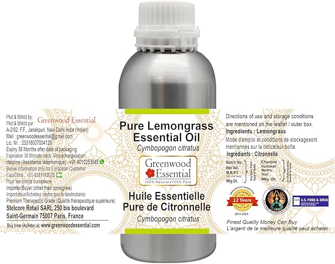 Greenwood Essential Pure Lemongrass Essential Oil (Cymbopogon citratus) Steam Distilled 1250ml (42.2 oz)