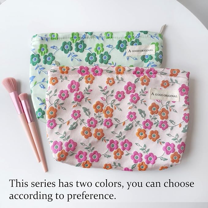 STARDW Aesthetic Floral Makeup Bag Cute Small Cosmetic Bags for Women Girls, Travel Toiletry Bag Large Capacity Zipper Makeup Pouch, Purse Organizer Pouches (Green Flowers)