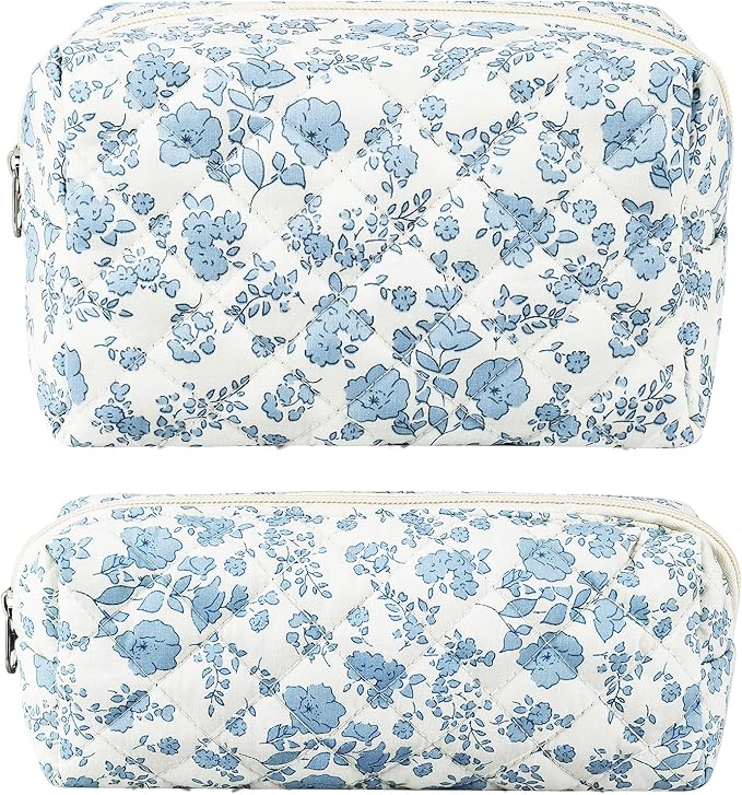 2Pcs Floral Makeup Bag for Women Cotton Quilted Small Coquette Cosmetic Bag Cute Zipper Blue Flower Makeup Pouch Aesthetic Portable Pencil Case Travel Toiletry Bag Trendy Cloth Skincare Bag