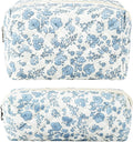 2Pcs Floral Makeup Bag for Women Cotton Quilted Small Coquette Cosmetic Bag Cute Zipper Blue Flower Makeup Pouch Aesthetic Portable Pencil Case Travel Toiletry Bag Trendy Cloth Skincare Bag