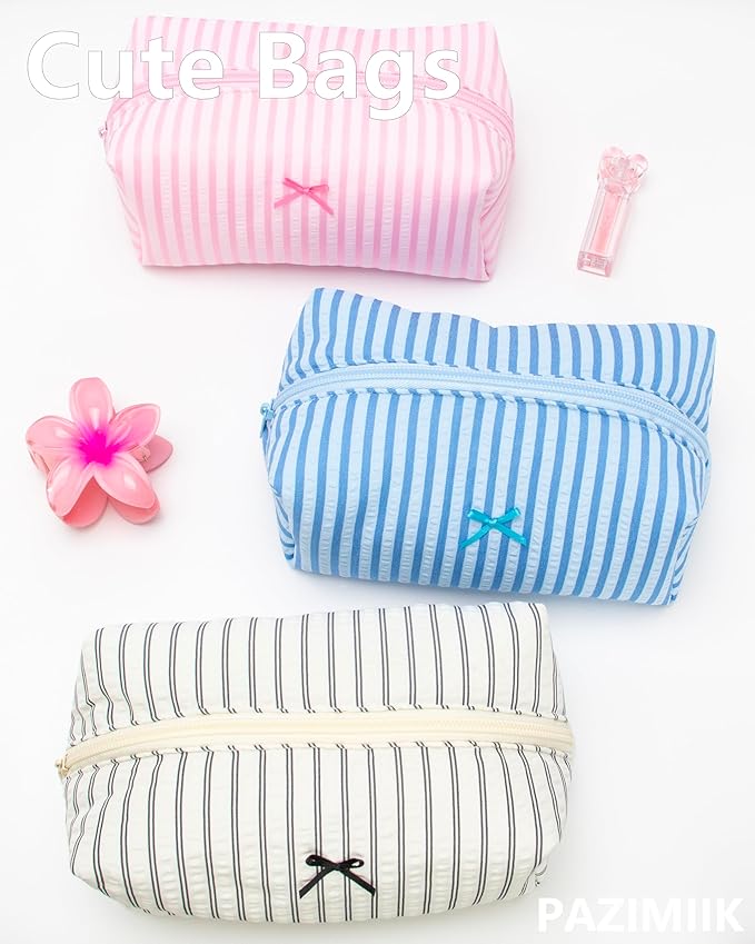 PAZIMIIK Cozy Makeup Bag Small Aesthetic Travel Zipper Cosmetic Pouch for Women Make Up Beauty Accessories Brushes, Stripe Lake Blue