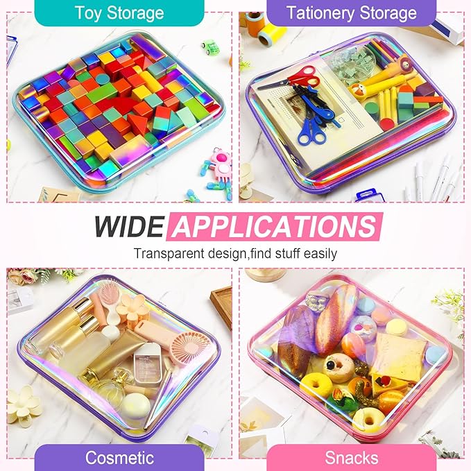 Sanwuta 6 Pcs Clear Hard Zipper Case Hard Plastic Zipper Pouches Makeup Bag Pencil Pouches Transparent Cases for Snacks Plastic Storage Organizer Box for Travel(Holographic,13.78 x 11.81 x 2 Inch)