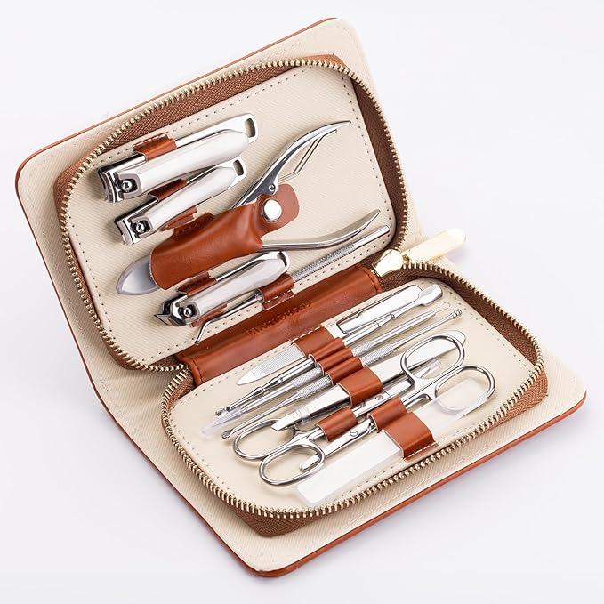FAMILIFE Professional Manicure Set, Manicure Kit, Nail Clippers Set, Stainless Steel Orange Pedicure Tool, Nail Kit with Portable Leather Travel Case Luxury Gifts for Him