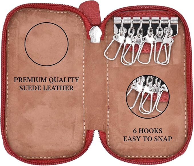 Full Grain Genuine Leather Keychain Holder Pouch with 6 Key Holders Hook