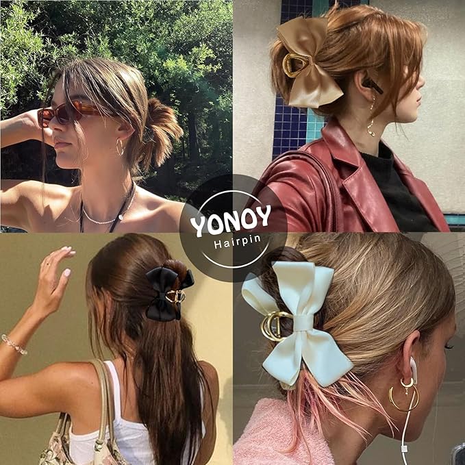 YONOY 3PCS Metal Claw Hair Clips for Women & Girls - Premium Bow-knot Nonslip Claw Clips for Thick & Thin Hair, Big Bows (Black, White, Khaki)