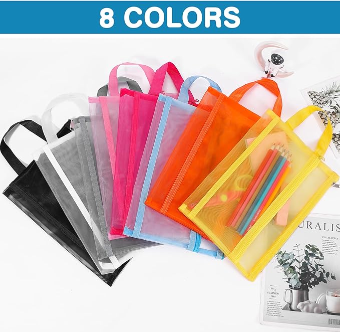 6 Pack Mesh Zipper Pouch Bags, Double Layer Nylon Pouch with Handle for Office Travel Organization (Blue, A4)